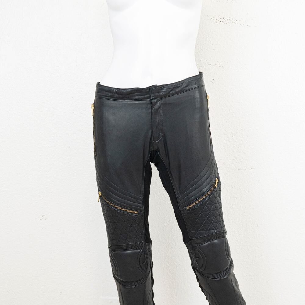 Skingraft Black Leather Moto Pants Quilted Knee Zip Skinny Biker size Small - Picture 12 of 15